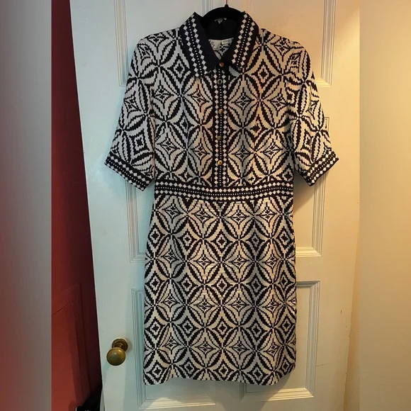 Silk Milly shirt dress, preppy printed navy blue and white, size 6 - Picture 3 of 9